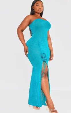 Plus Emerald Green Glitter Sheer Knit Flower Embellished Dress