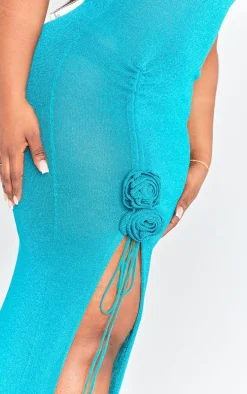 Plus Emerald Green Glitter Sheer Knit Flower Embellished Dress