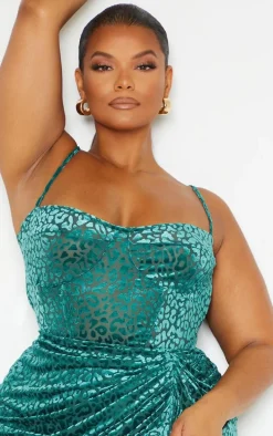 Plus Emerald Green Leopard Velvet Structured Corset Top