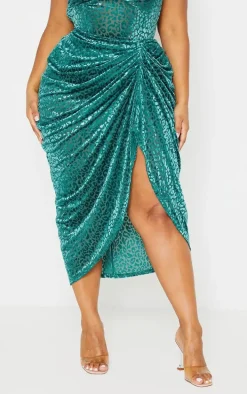 Plus Emerald Green Leopard Velvet Ruched Side Midi Skirt