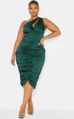 Plus Emerald Green One Shoulder Corset Ruched Satin Midi Dress