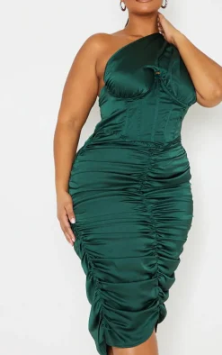 Plus Emerald Green One Shoulder Corset Ruched Satin Midi Dress