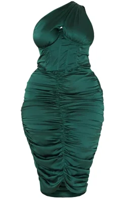 Plus Emerald Green One Shoulder Corset Ruched Satin Midi Dress