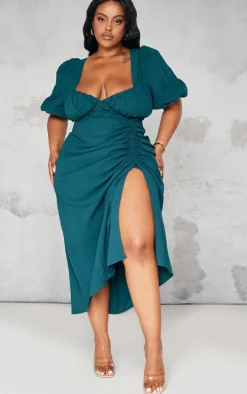 Plus Emerald Green Puff Sleeve Ruched Side Split Midi Dress