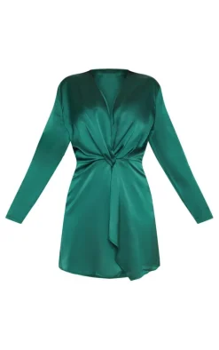 Plus Emerald Green Satin Long Sleeve Wrap Dress