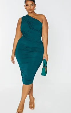 Plus Emerald Green Slinky Ruched One Shoulder Longline Midi Dress