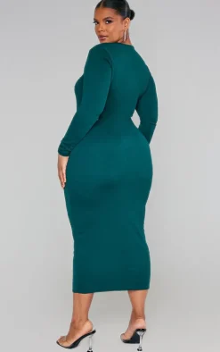 Plus Emerald Green Sweetheart Neck Long Sleeve Midi Dress