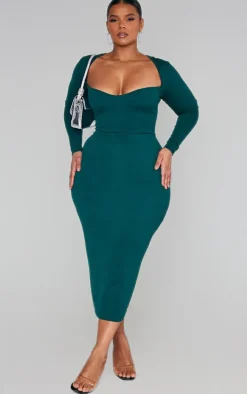 Plus Emerald Green Sweetheart Neck Long Sleeve Midi Dress