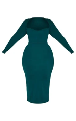 Plus Emerald Green Sweetheart Neck Long Sleeve Midi Dress