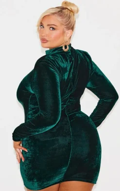Plus Emerald Green Velour High Neck Long Sleeve Mini Dress