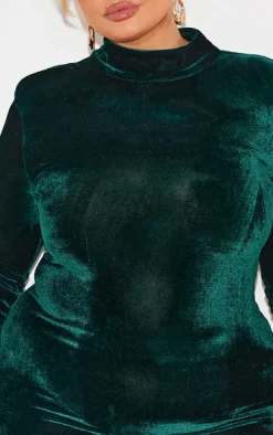 Plus Emerald Green Velour High Neck Long Sleeve Mini Dress