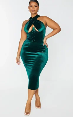 Plus Emerald Green Velvet Underwired Cross Front Midi Dress