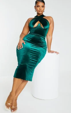 Plus Emerald Green Velvet Underwired Cross Front Midi Dress