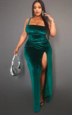 Plus Emerald Green Velvet Side Split Midi Dress