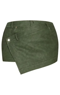 Plus Forest Green Faux Leather Wrap Detail Skort