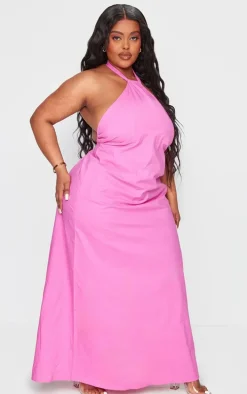 Plus Fuchsia Linen Look Knot Halterneck Maxi Dress