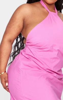 Plus Fuchsia Linen Look Knot Halterneck Maxi Dress