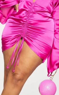 Plus Fuchsia Satin Plunge Ruched Front Dress