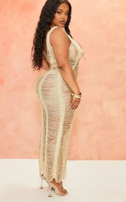 Plus Gold Metallic Distressed Maxi Dress
