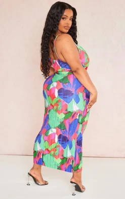 Plus Green Abstract Floral Plisse Strappy Midi Dress
