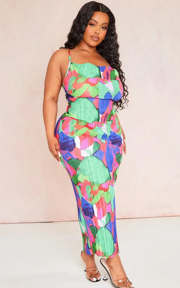Plus Green Abstract Floral Plisse Strappy Midi Dress