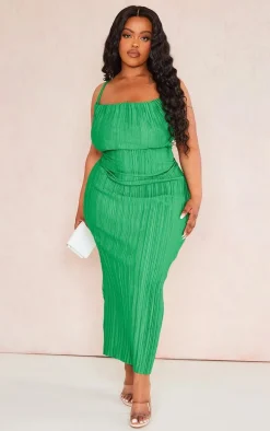 Plus Green Abstract Plisse Strappy Midi Dress