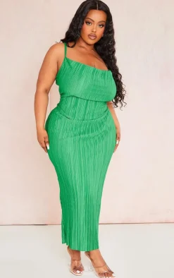 Plus Green Abstract Plisse Strappy Midi Dress