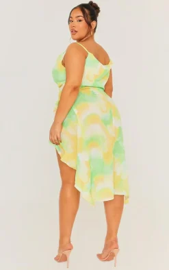 Plus Green Abstract Ruffle Detail Midi Dress