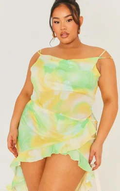 Plus Green Abstract Ruffle Detail Midi Dress