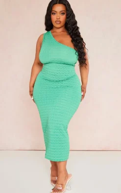 Plus Green Bubble Textured One Shoulder Midi Dress