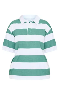 Plus Green Chunky Striped Collared Oversized T Shirt