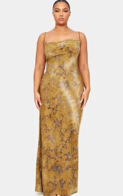 Plus Green Devore Cowl Neck Lace Up Back Maxi Dress