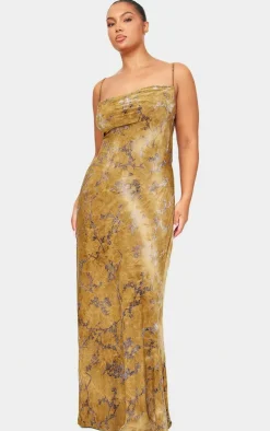 Plus Green Devore Cowl Neck Lace Up Back Maxi Dress