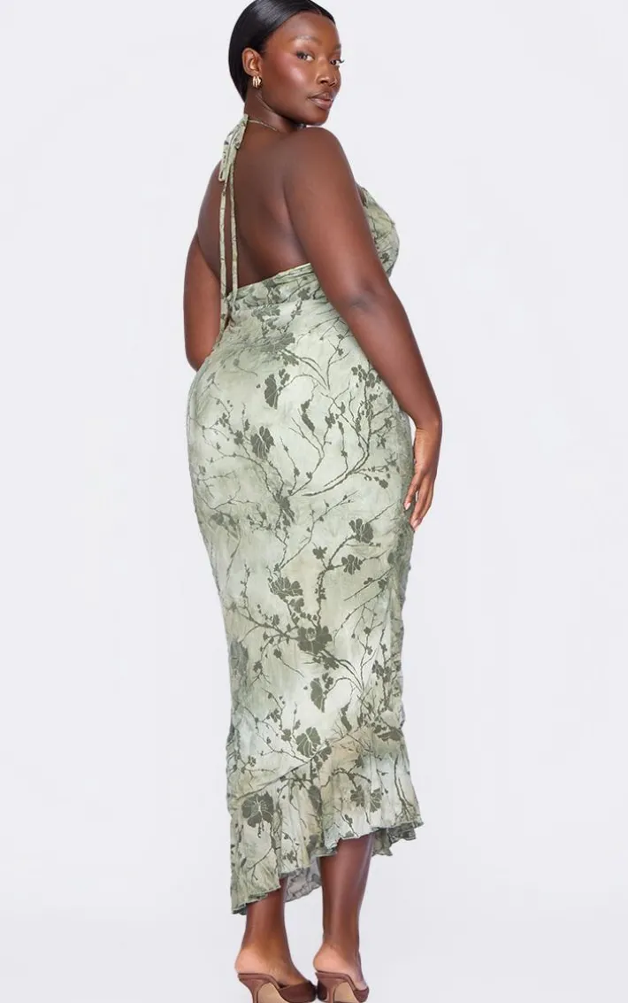 Plus Green Devore Halter Neck Maxi Dress