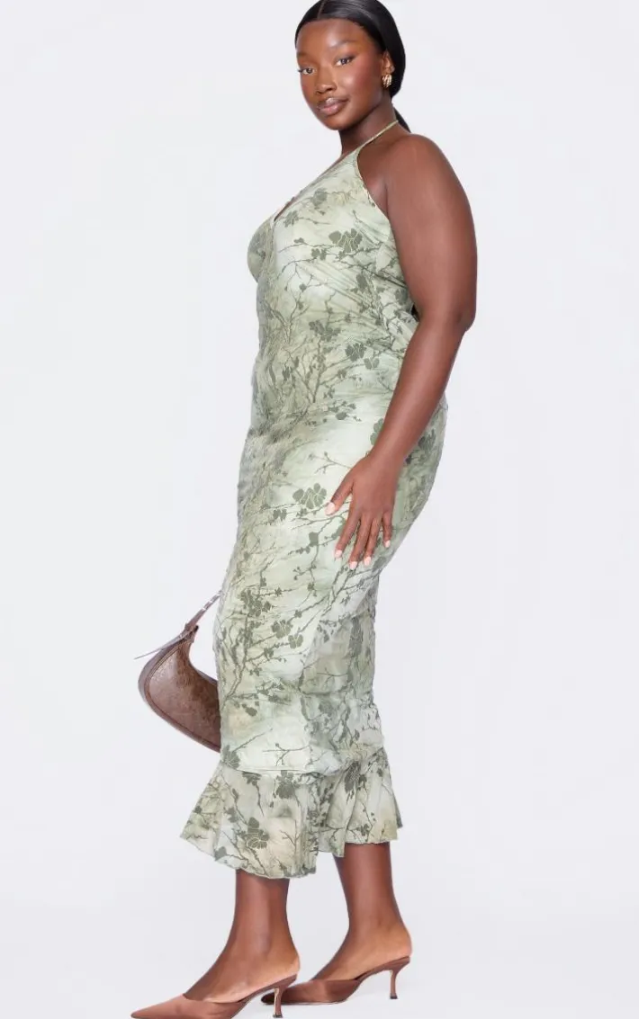 Plus Green Devore Halter Neck Maxi Dress