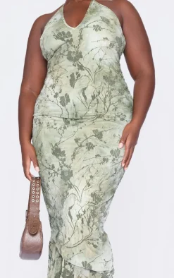 Plus Green Devore Halter Neck Maxi Dress