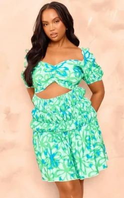 Plus Green Floral Print Puff Sleeve Cinched Waist Mini Dress