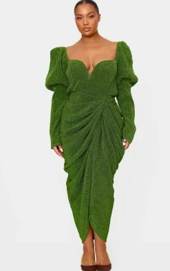 Plus Green Glitter Plisse Puff Sleeve V Bar Draped Midi Dress