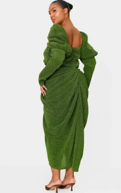Plus Green Glitter Plisse Puff Sleeve V Bar Draped Midi Dress