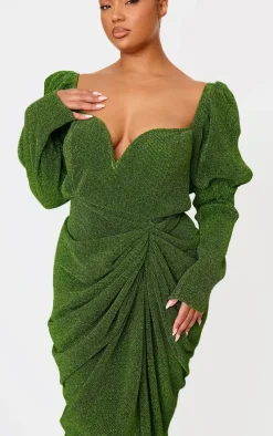 Plus Green Glitter Plisse Puff Sleeve V Bar Draped Midi Dress