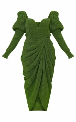 Plus Green Glitter Plisse Puff Sleeve V Bar Draped Midi Dress