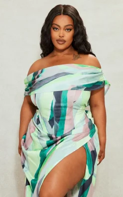 Plus Green Printed Asymmetric Bardot Corset