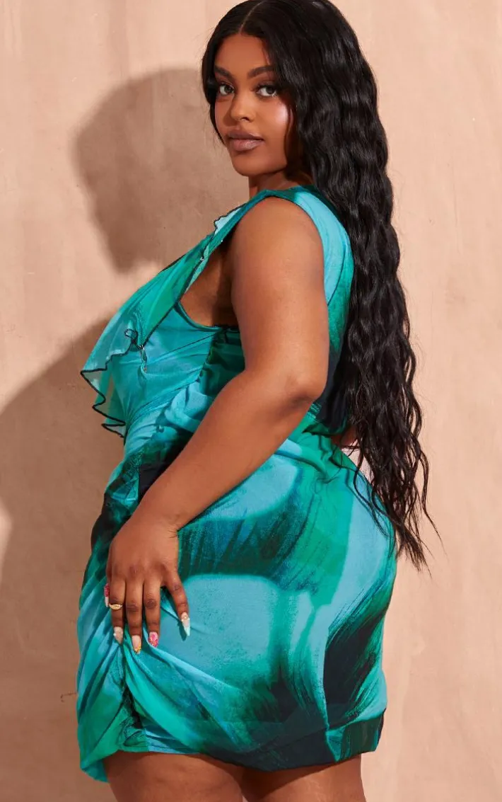 Plus Green Printed Bandeau Frill Bodycon Dress