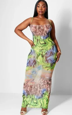 Plus Green Printed Crinkle Mesh Cowl Neck Maxi Dress