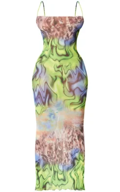 Plus Green Printed Crinkle Mesh Cowl Neck Maxi Dress