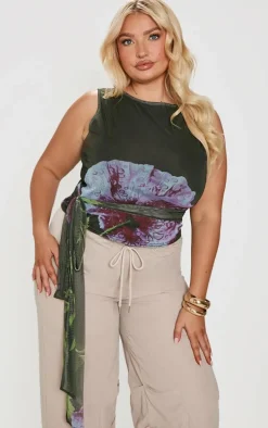 Plus Green Printed Mesh Tie Detail Boat Neck Top