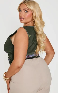 Plus Green Printed Mesh Tie Detail Boat Neck Top