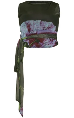 Plus Green Printed Mesh Tie Detail Boat Neck Top