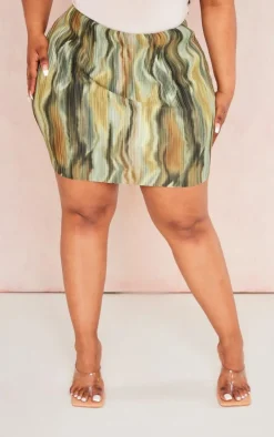 Plus Green Printed Plisse Micro Mini Skirt
