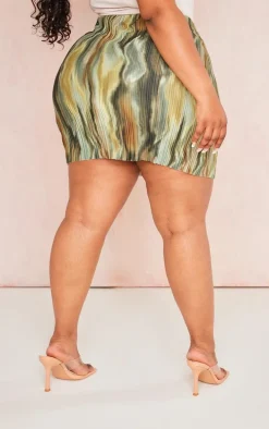 Plus Green Printed Plisse Micro Mini Skirt